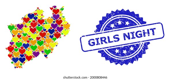 Blue rosette scratched stamp with Girls Night message. Vector mosaic LGBT map of North Rhine-Westphalia State with love hearts.