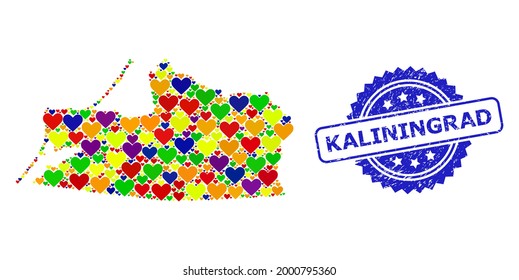 Blue rosette scratched stamp with Kaliningrad phrase. Vector mosaic LGBT map of Kaliningrad Region of hearts. Map of Kaliningrad Region collage designed with lovely hearts in colorful color tinges.