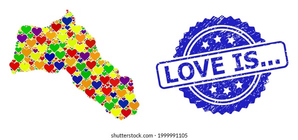 Blue rosette scratched stamp with Love Is... caption. Vector mosaic LGBT map of Kurdistan of lovely hearts. Map of Kurdistan collage created with lovely hearts in colored color hues.