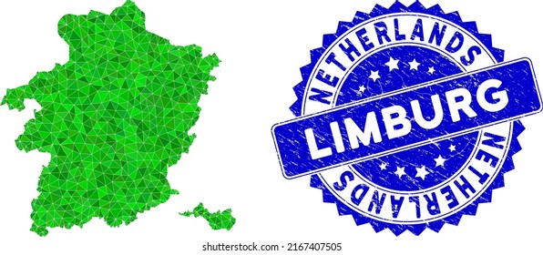 Blue rosette scratched stamp and lowpoly Limburg Province map mosaic in green colors. Triangulated Limburg Province map polygonal symbol illustration, and textured blue stamp seal.