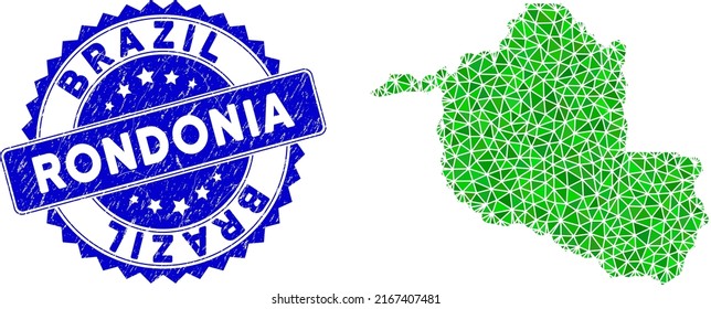 Blaue Rosette gekratzte Stempelrobbe und Low-Poly-Rondonia State-Karte Mosaik in grünen Farben. Triangulated Rondonia State Karte polygonale Icon-Illustration mit Gummi-blaue Seehimitation.