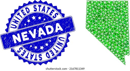 Blue rosette scratched stamp seal and low-poly Nevada State map mosaic in green colors. Triangulated Nevada State map polygonal symbol illustration, and dirty blue stamp seal.