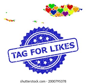 Blue rosette scratched stamp with Tag for Likes caption. Vector mosaic LGBT map of Socotra Archipelago from hearts. Map of Socotra Archipelago collage formed with lovely hearts in colored color tones.