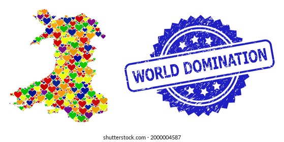 Blue rosette scratched stamp with World Domination phrase. Vector mosaic LGBT map of Wales with hearts. Map of Wales collage created with valentine hearts in bright color tones.
