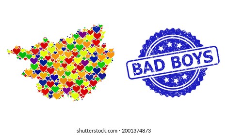 Blue rosette scratched watermark with Bad Boys title. Vector mosaic LGBT map of Guangxi Province with love hearts. Map of Guangxi Province collage created with love hearts in bright color tinges.