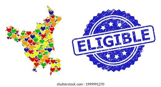 Blue rosette scratched watermark with Eligible phrase. Vector mosaic LGBT map of Haryana State with love hearts. Map of Haryana State collage created with love hearts in multicolored color tones.