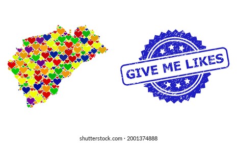 Blue rosette scratched watermark with Give Me Likes phrase. Vector mosaic LGBT map of Segovia Province with hearts. Map of Segovia Province collage composed with love hearts in colored color hues.