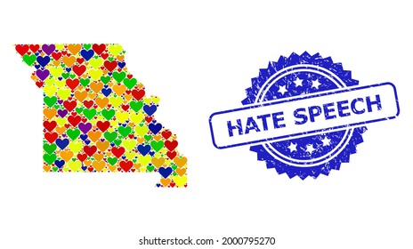 Blue rosette scratched watermark with Hate Speech title. Vector mosaic LGBT map of Missouri State of lovely hearts. Map of Missouri State collage designed with love hearts in multicolored color tints.