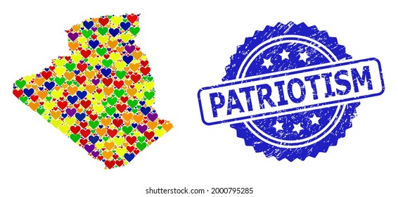 Blue rosette scratched watermark with Patriotism text. Vector mosaic LGBT map of Algeria with lovely hearts. Map of Algeria collage formed with lovely hearts in colored shades.