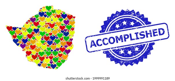 Blue rosette textured seal with Accomplished caption. Vector mosaic LGBT map of Zimbabwe with hearts. Map of Zimbabwe collage created with love hearts in colored color tones.