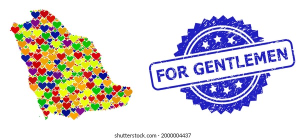 Blue rosette textured seal with For Gentlemen title. Vector mosaic LGBT map of Saudi Arabia with love hearts. Map of Saudi Arabia collage designed with valentine hearts in colorful color tints.
