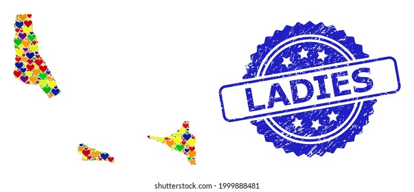 Blue rosette textured seal imprint with Ladies title. Vector mosaic LGBT map of Comoros Islands with love hearts. Map of Comoros Islands collage designed with love hearts in colored shades.