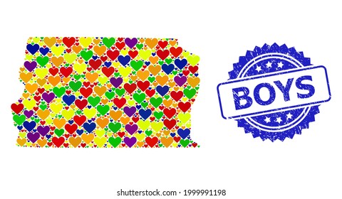 Blue rosette textured seal imprint with Boys text. Vector mosaic LGBT map of Brazil - Distrito Federal with love hearts.