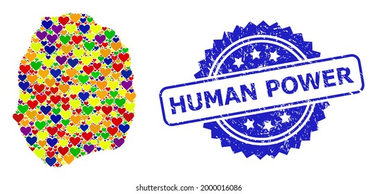 Impresión de sello texturizado de rosette azul con texto de Human Power. Mapa de mosaico de vectores LGBT de la isla de Nevis con encantadores corazones. Mapa del collage de la isla de Nevis creado con encantadores corazones en coloridos tonos de color.