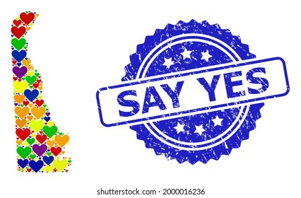 Blue rosette textured seal imprint with Say Yes caption. Vector mosaic LGBT map of Delaware State with lovely hearts. Map of Delaware State collage created with love hearts in bright shades.