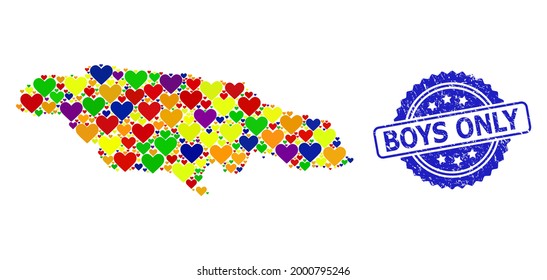 Blue rosette textured seal imprint with Boys Only caption. Vector mosaic LGBT map of Jamaica with hearts. Map of Jamaica collage designed with love hearts in colorful color tones.