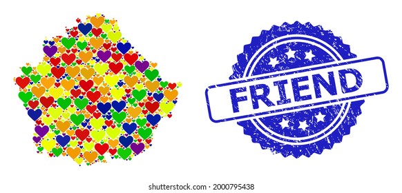 Blue rosette textured seal imprint with Friend title. Vector mosaic LGBT map of Cuenca Province from lovely hearts. Map of Cuenca Province collage created with lovely hearts in colored color tones.