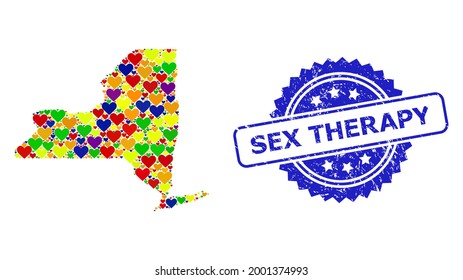 Impresión de sello texturizado de rosette azul con texto de terapia sexual. Mapa de mosaico de vectores LGBT del estado de Nueva York desde corazones de amor. Mapa del collage del estado de Nueva York diseñado con encantadores corazones en tonos de color.