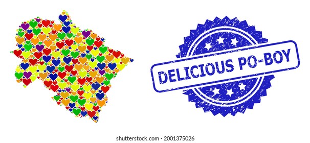 Blue rosette textured seal imprint with Delicious Po-Boy caption. Vector mosaic LGBT map of Uttarakhand State with love hearts.