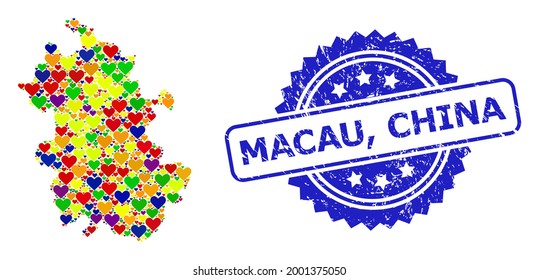 Blue rosette textured seal imprint with Macau, China text. Vector mosaic LGBT map of Anhui Province of love hearts. Map of Anhui Province collage formed with love hearts in bright shades.