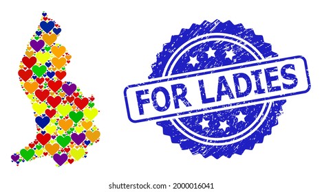 Blue rosette textured seal with For Ladies phrase. Vector mosaic LGBT map of Liechtenstein with lovely hearts. Map of Liechtenstein collage created with valentine hearts in bright color hues.