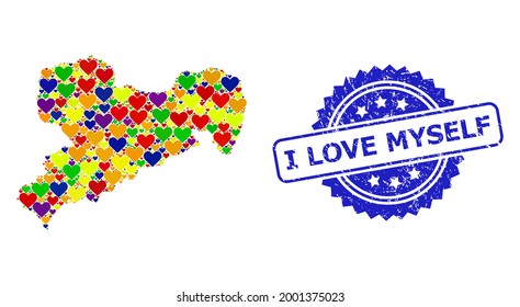 Blue rosette textured seal with I Love Myself phrase. Vector mosaic LGBT map of Saxony State with lovely hearts. Map of Saxony State collage created with valentine hearts in bright shades.