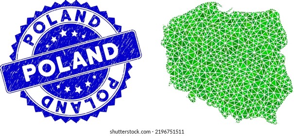 Sello texturizado de rosette azul y mosaico cartográfico de Polonia baja en colores verdes. Mapa polaco triangulado ilustración de símbolo poligonal y sello azul texturizado.