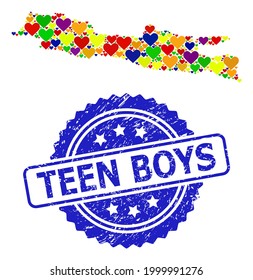 Blue rosette textured seal stamp with Teen Boys caption. Vector mosaic LGBT map of Java Island of love hearts. Map of Java Island collage created with love hearts in bright color tints.