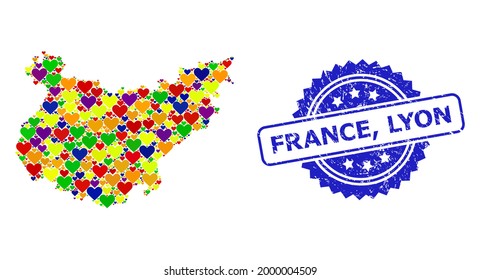 Blue rosette textured seal stamp with France, Lyon caption. Vector mosaic LGBT map of Badajoz Province with lovely hearts.