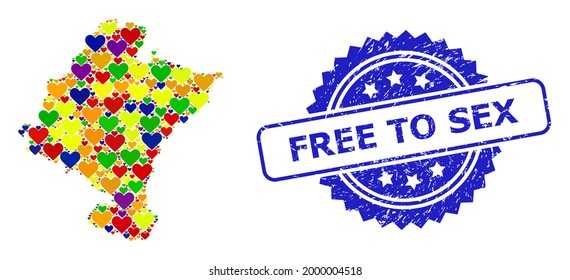 Blauer Rosette strukturierter Siegel Stempel mit Free to Sex Text. Vektor mosaic LGBT Karte der Provinz Navarra mit Liebe Herzen.