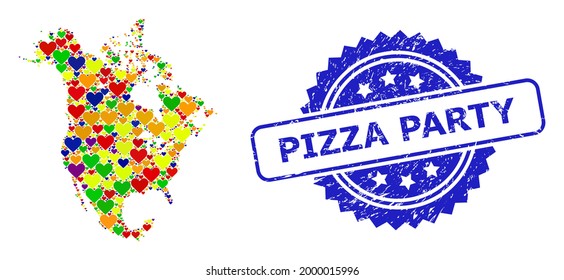 Sello de selva texturizada con rosette azul con la leyenda del Partido Pizza. Mapa de mosaico de vectores LGBT de América del Norte de encantadores corazones. Mapa del collage de América del Norte diseñado con corazones de amor en tintes de colores.
