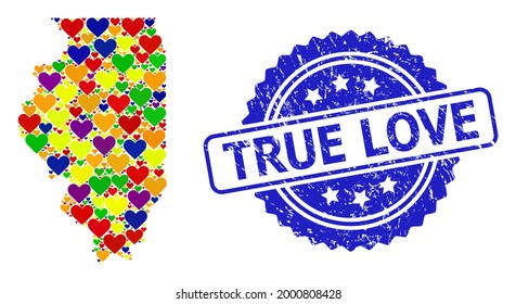 Blue rosette textured seal stamp with True Love phrase. Vector mosaic LGBT map of Illinois State from lovely hearts.