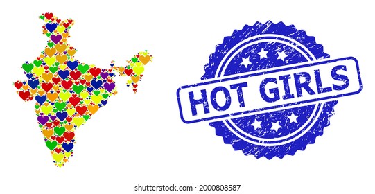 Sello de selva con textura de rosette azul con título Chicas calientes. Mapa del mosaico vectorial LGBT de la India desde los corazones. Mapa del collage de la India compuesto por corazones amorosos en tintes multicolores. Para imágenes de amor LGBT.