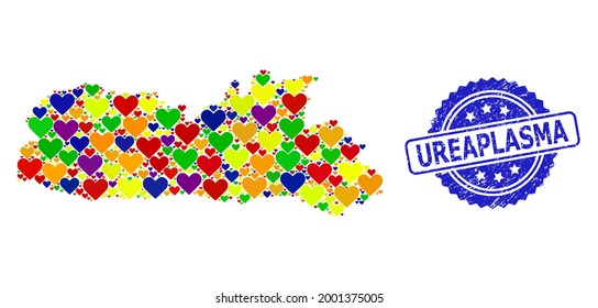 Blue rosette textured seal with Ureaplasma message. Vector mosaic LGBT map of Meghalaya State of lovely hearts. Map of Meghalaya State collage created with valentine hearts in colorful shades.