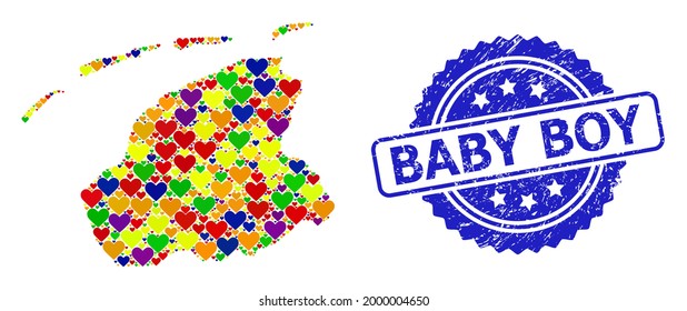 Blue rosette textured stamp with Baby Boy text. Vector mosaic LGBT map of Friesland Province with valentines. Map of Friesland Province collage formed with love hearts in bright color hues.