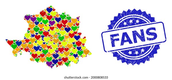 Blue rosette textured stamp with Fans message. Vector mosaic LGBT map of Caceres Province with lovely hearts. Map of Caceres Province collage composed with lovely hearts in multicolored color tinges.