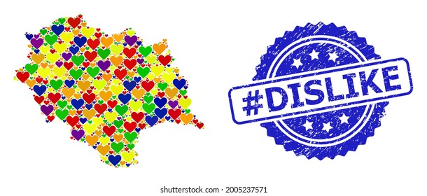 Blue rosette textured stamp with hashtag Dislike phrase. Vector mosaic LGBT map of Himachal Pradesh State of love hearts.