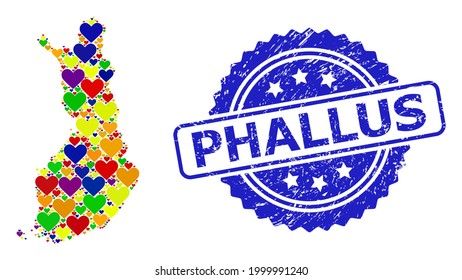 Blauer Rosette strukturierte Stempel mit Phallus-Satz. Vektor mosaic LGBT Karte von Finnland mit Herzen. Karte von Finnland Collage entworfen mit schönen Herzen in mehrfarbigen Farben.