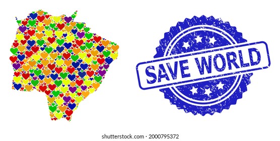 Estampado de color rosa azul con la leyenda "Save World". Mapa de mosaico vector LGBT del estado de Mato Grosso do Sul con corazones de amor.