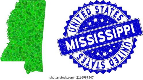 Blue rosette textured stamp seal and low-poly Mississippi State map mosaic in green colors. Triangulated Mississippi State map polygonal 2d illustration with scratched blue seal.