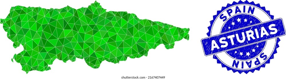 Blue rosette textured stamp seal and low-poly Asturias Province map mosaic in green colors. Triangulated Asturias Province map polygonal symbol illustration, and scratched blue stamp seal.