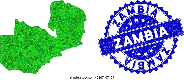 Sello de sello texturizado de rosette azul y mosaico cartográfico zambiano bajo en colores verdes. Mapa triangulado de Zambia ilustración de icono poligonal y sello azul impuro.