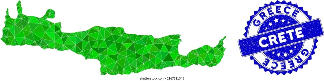 Blue rosette textured stamp seal and lowpoly Crete Island map mosaic in green colors. Triangulated Crete Island map polygonal 2d illustration, and scratched blue seal imitation.