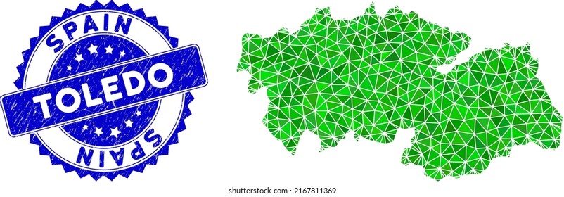 Blue Rosette Textured Stamp Seal And Lowpoly Toledo Province Map Mosaic In Green Colors. Triangulated Toledo Province Map Polygonal Icon Illustration, And Textured Blue Seal Print.