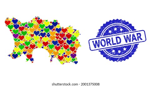 Blue rosette textured stamp with World War phrase. Vector mosaic LGBT map of Jersey Island with lovely hearts. Map of Jersey Island collage created with lovely hearts in colorful color tinges.