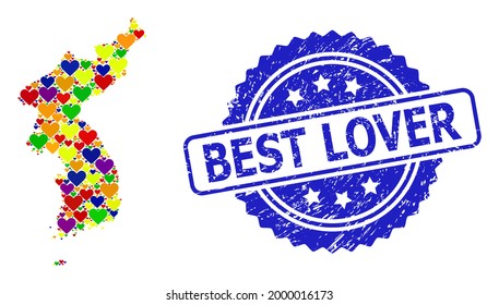 Blue rosette textured watermark with Best Lover caption. Vector mosaic LGBT map of Korea with love hearts. Map of Korea collage composed with love hearts in colored shades. For bisexual love images.
