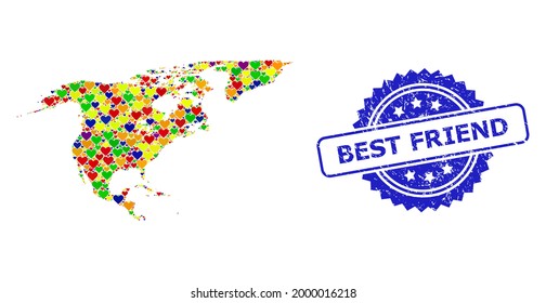 Blue rosette textured watermark with Best Friend caption. Vector mosaic LGBT map of North America and Greenland with love hearts.