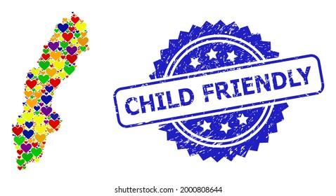 Blue rosette textured watermark with Child Friendly message. Vector mosaic LGBT map of Sweden with love hearts. Map of Sweden collage designed with love hearts in bright color tones.