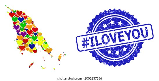 Blue rosette textured watermark with hashtag Iloveyou message. Vector mosaic LGBT map of Koh Chang with love hearts. Map of Koh Chang collage composed with love hearts in colorful shades.