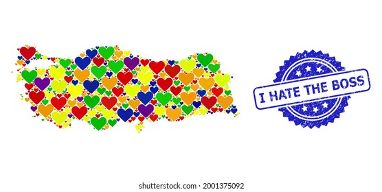 Blue rosette textured watermark with I Hate the Boss text. Vector mosaic LGBT map of Turkey with hearts. Map of Turkey collage formed with love hearts in multicolored color hues.